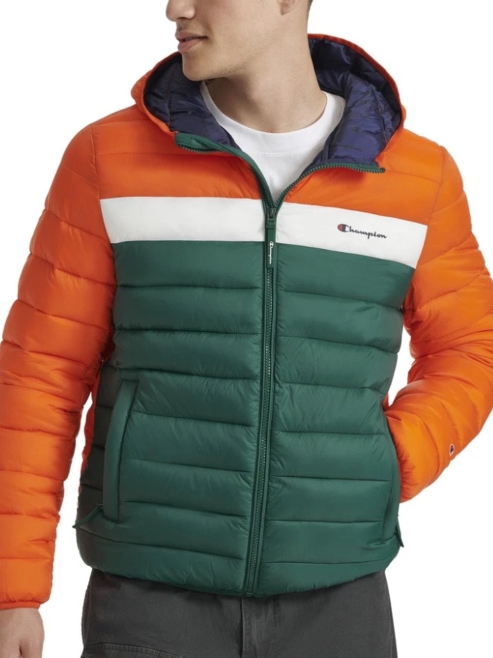 Champion Orange & Green Colorblock Hooded Puffer Jacket